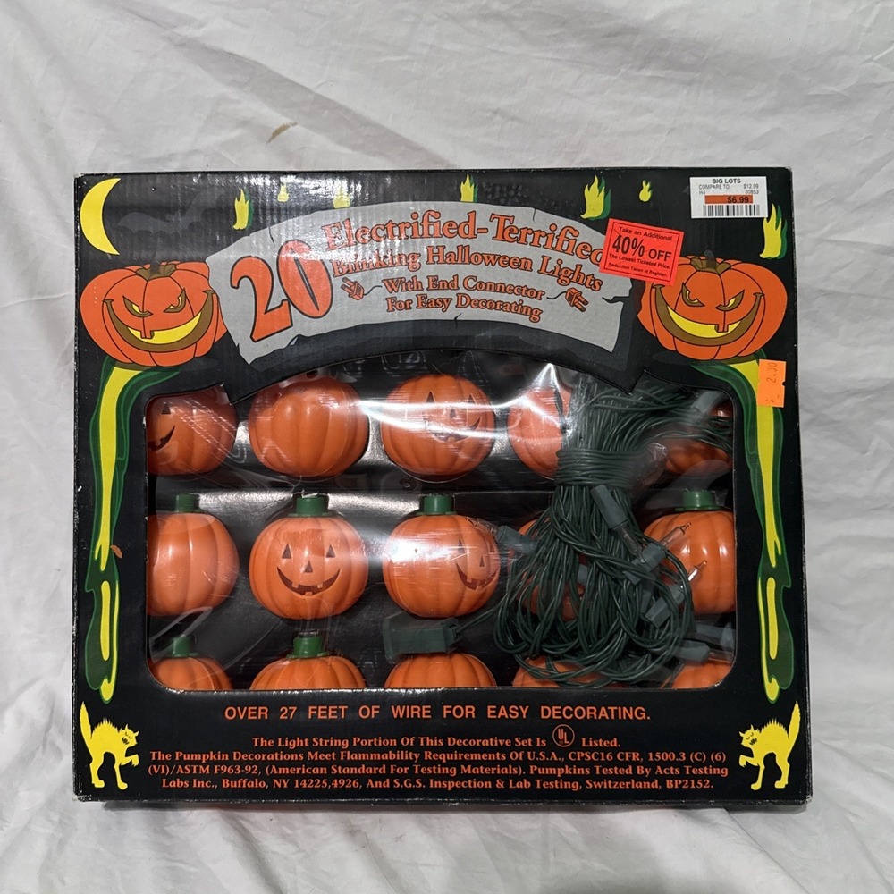 VTG Electrified Terrified Blinking Halloween Plastic Pumpkin Lights 20ct String